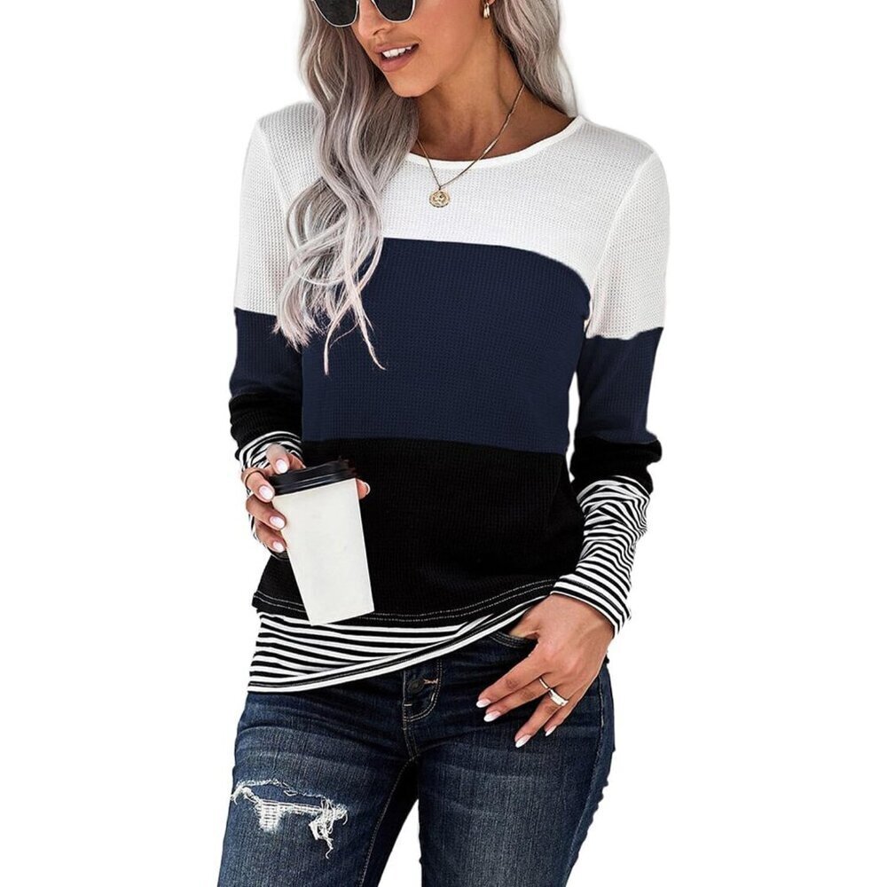 Women's Color Block Waffle Long Sleeve T Shirt Casual Comfy Tops Large